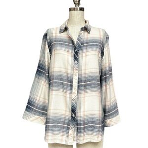 Hester & Orchard Plaid Button Down Shirt Women’s Large Blue Pink Cotton Rayon Fl